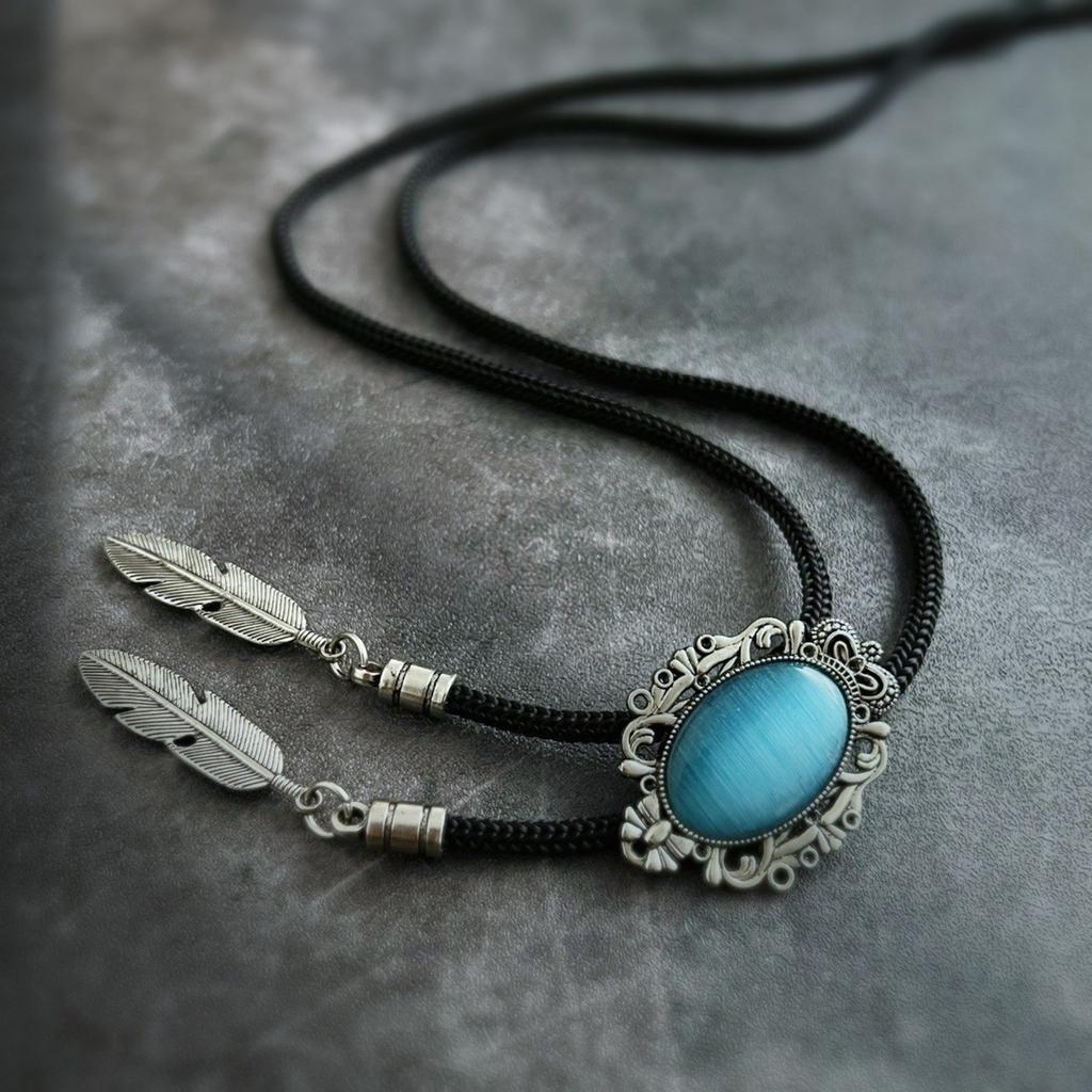 Men Vintage Bolo Tie Western Cowboy Antique Stone Feathered Pendant Shirt Collar Jewelry Braided Rope Necktie Neckwear