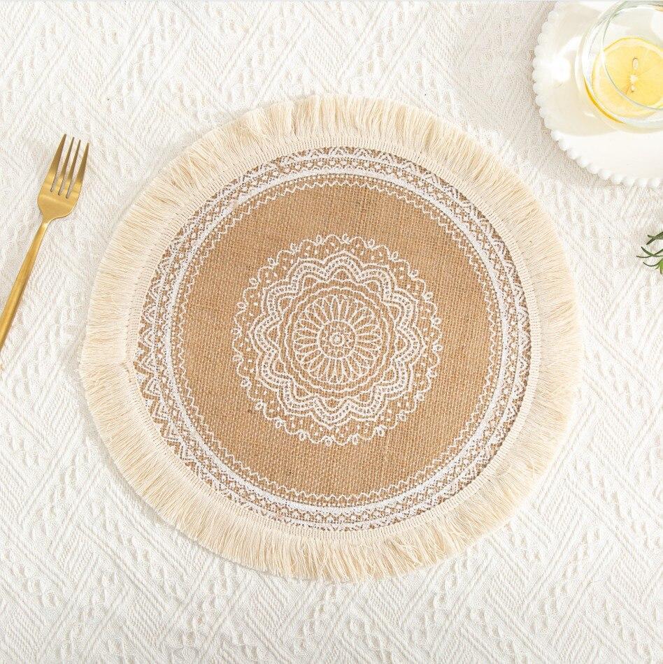 Buy Linen Placemats Round Bohemian Straw Tassel Table Mat Pad Coaster
