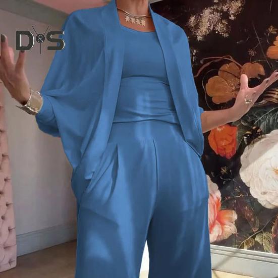 3 Pcs/Set Women Vest Coat Pants Suit Round Neck Sleeveless Solid Color Blouse Elastic Waist Wide Leg Trousers Daily Wear Sport Outfit Fall Spring