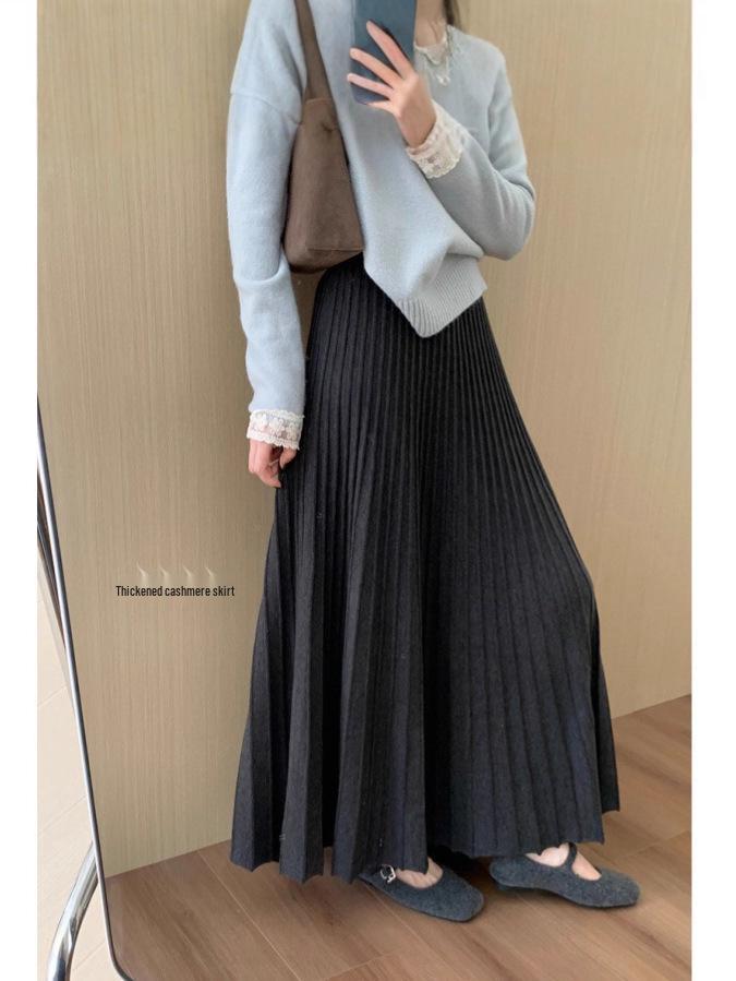 2025 Winter Women's High-Waisted Pleated Knitted Midi Skirt - Korean Style, Casual, Thickened, Slimming Design
