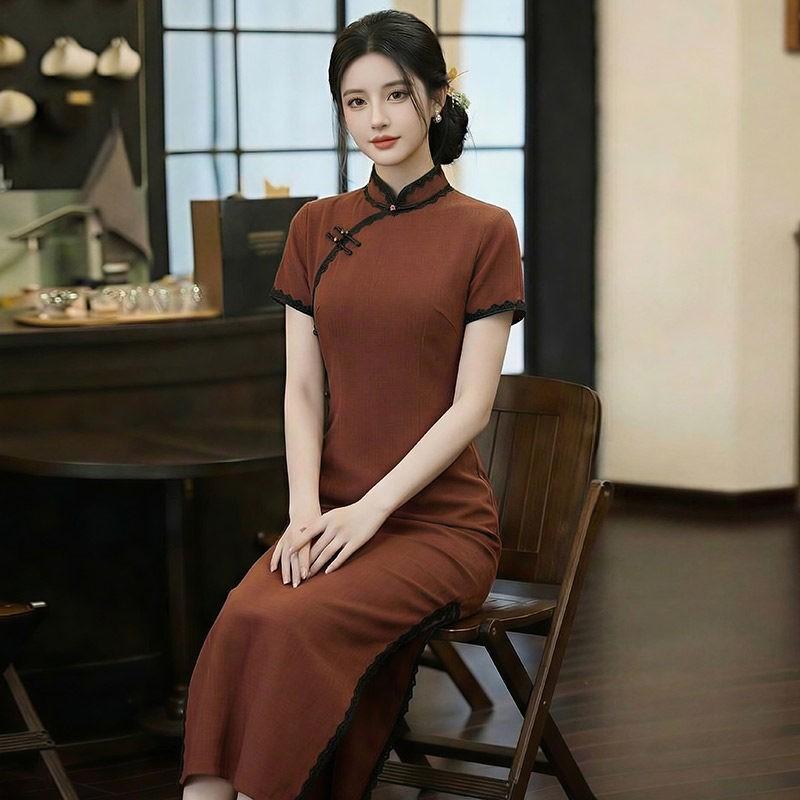 Long Vintage-Inspired Cheongsam Dress Women 2026 Modernized Daily Wear With Stand Collar Three-Quarter Sleeve
