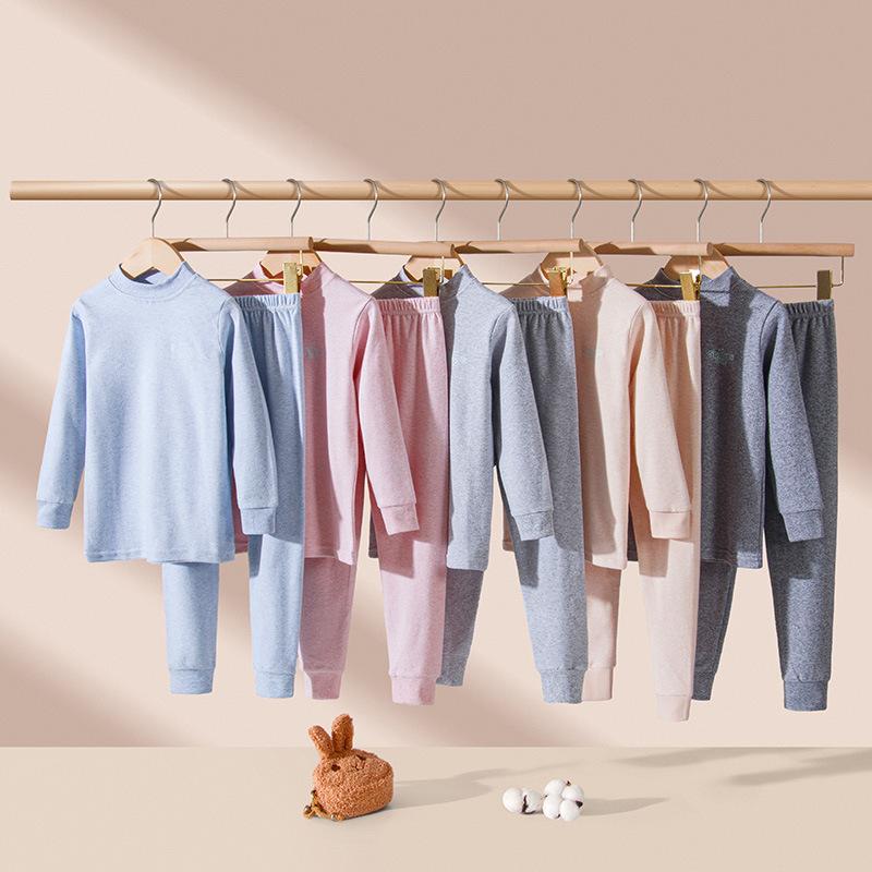Children's long johns, pure cotton boys' thermal underwear set, medium collar girls' bottoming cotton sweater, youth pajamas