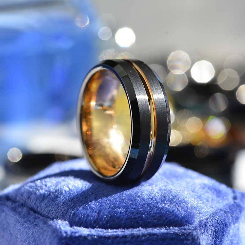 Anelli nuziali da uomo alla moda in titanio colore oro rosa da 8 mm con scanalatura e bordo smussato, anello in acciaio inossidabile nero spazzolato, fede nuziale da uomo