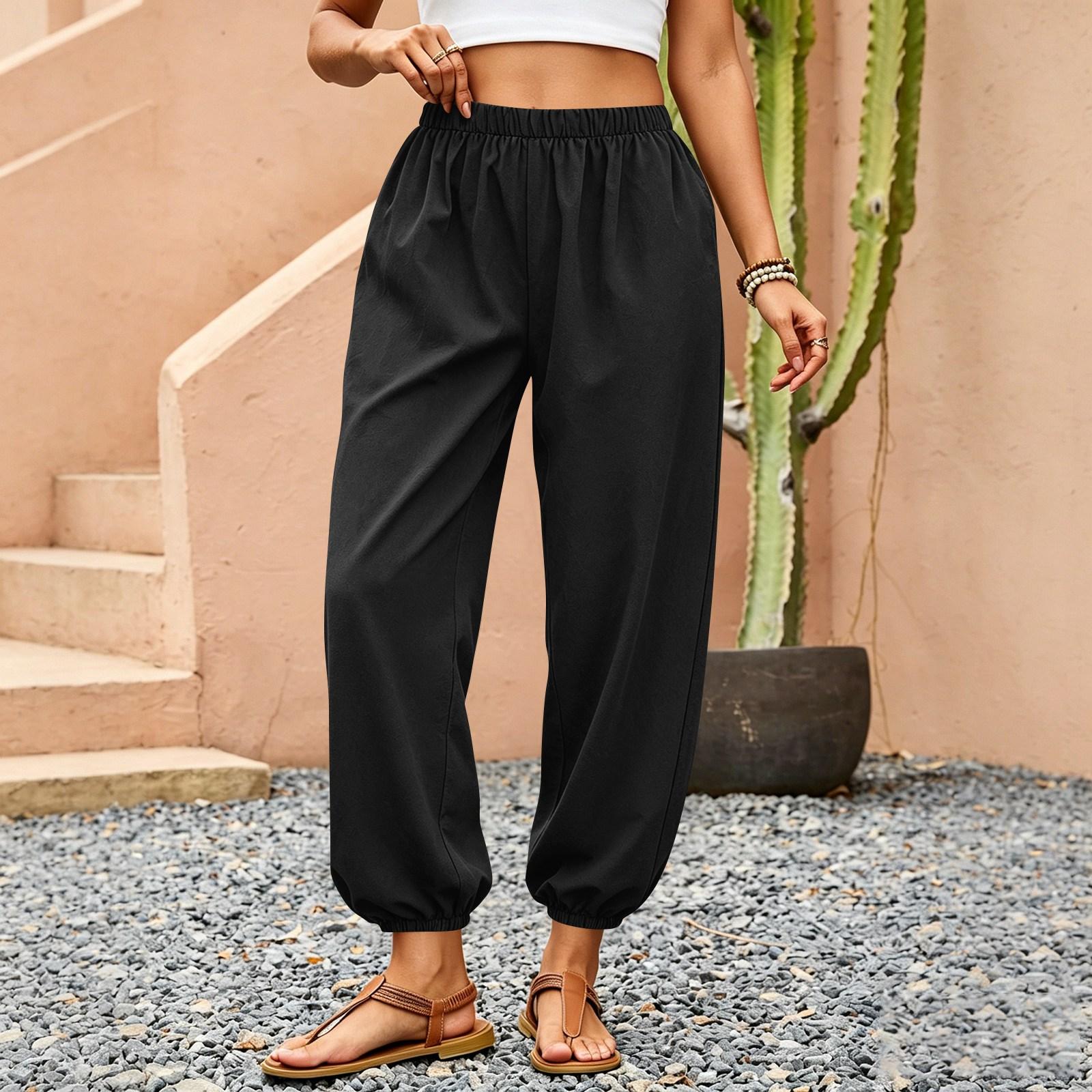

Women s Fashion Elastic Waist Casual Pants Loose Daily Haren Pants XL чёрный