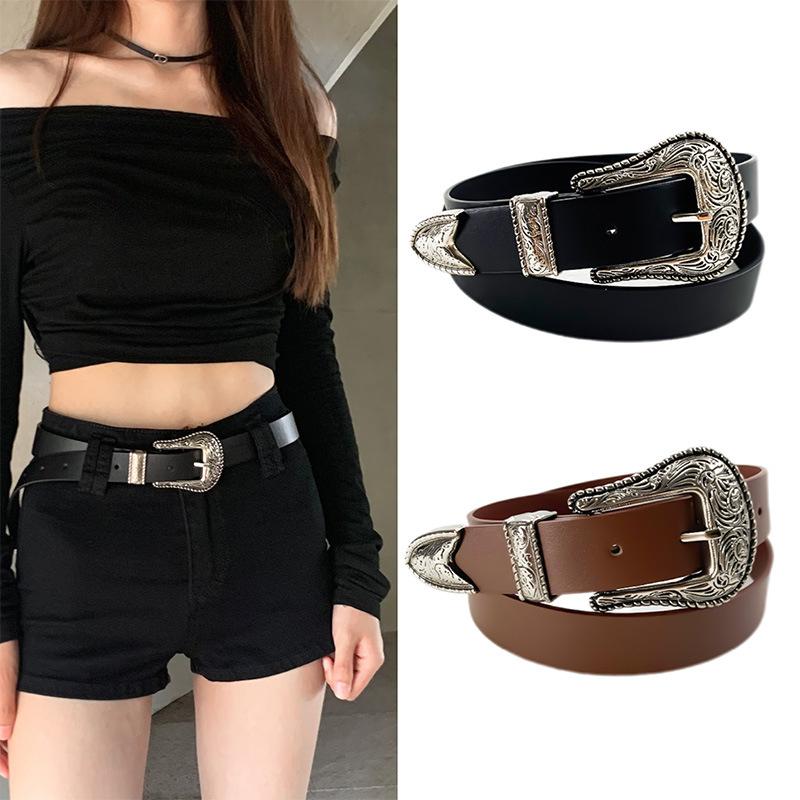 Women'S Belt Vintage Carved Needle Buckle Punk Hip Hop Rock Style Jeans Belt Y2K Belt Pu Leather Belt