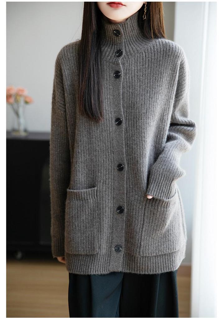 Autumn Winter 2025 Korean-Style Pure Wool Mid-Length Pocket Knit Cardigan for Women - Versatile, Thickened, Lazy Style Sweater Coat
