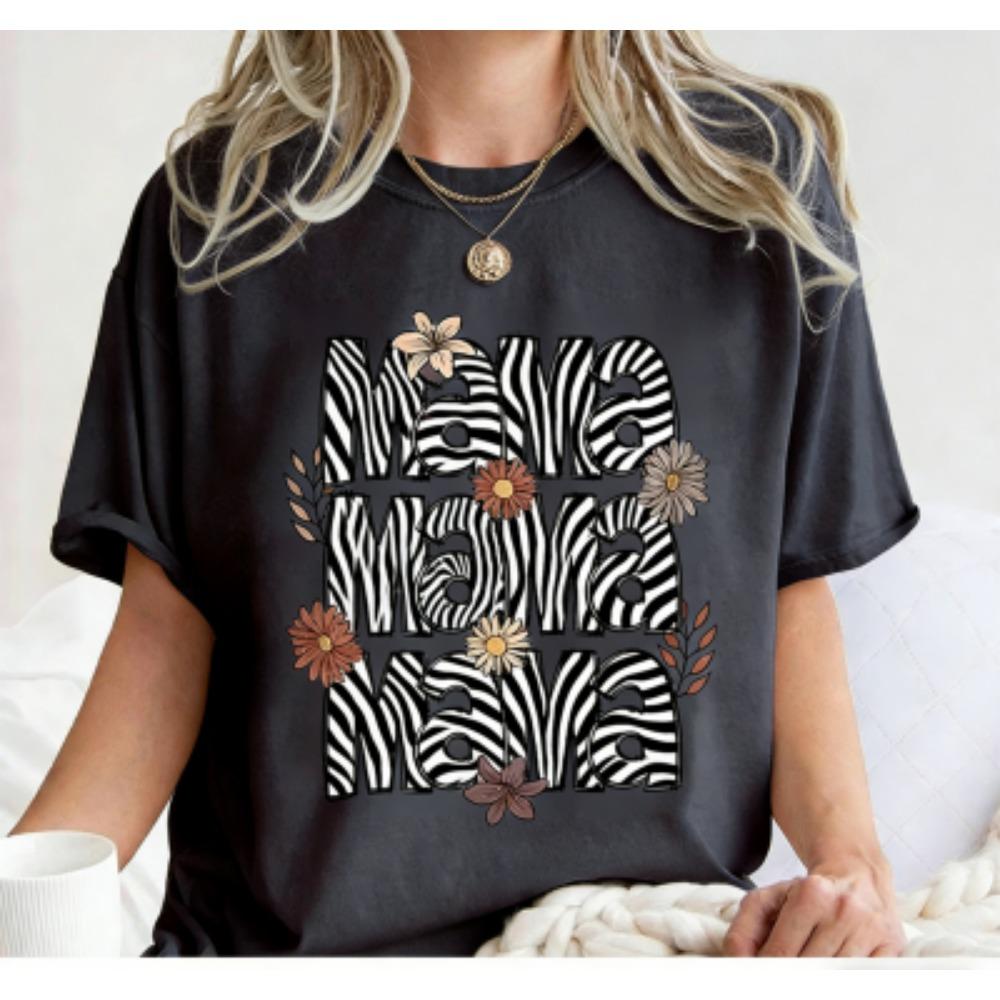 Funny Grid Stripe Leopard Mama Print Women's Short Sleeves T-Shirt Loose Casual Summer Outdoor Street Women's Tees Tops