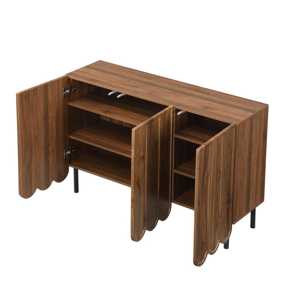 Modern wood-colored sideboard with wave doors – 120x35x80 cm – handleless, adjustable shelves – storage space for living room, hallway & dining room