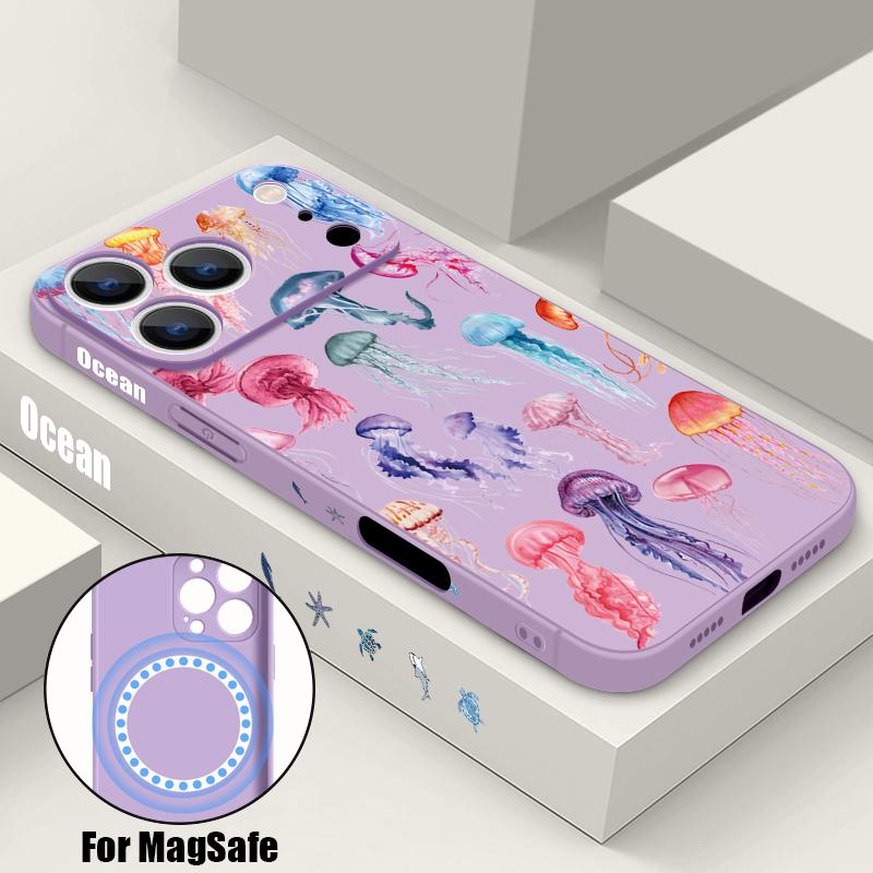 Magnetic For Magsafe Case For iPhone 17 Pro Max Jellyfish Whale Sharks Print Soft Silicone Phone Back Cover For iPhone 16 15 14 13 Pro Max 16e 17e