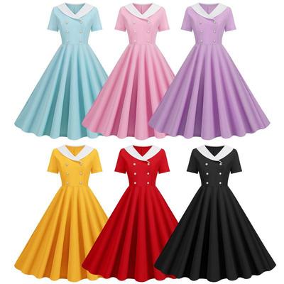 2023 Summer Retro Solid Color Short-Sleeve Swing Dress