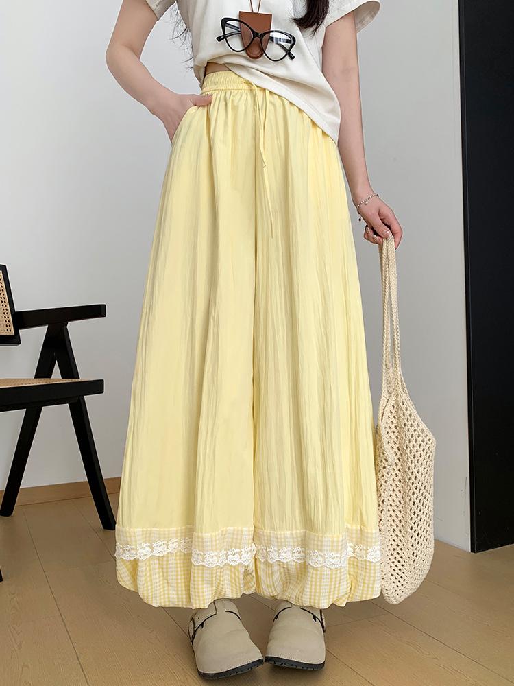 Lace Patchwork Lantern Pants - Spring/Summer Academy Style, Ice Silk, Wide-Leg Skirt Pants, Slimming Bud-Shaped Design.