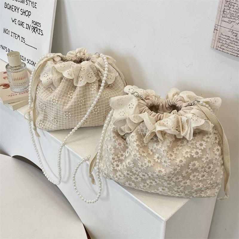 New Trendy Fashion Lace Versatile Drawstring Bucket Bag Shoulder Messenger Bag Pearl Strip Women's Small Bag