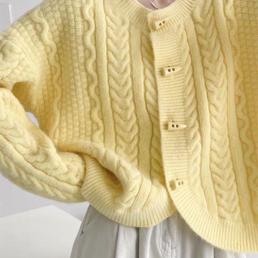 Horn Button Cable Knit Cardigan Autumn Winter Coat Short Lazy Round Neck Loose Sweater Top