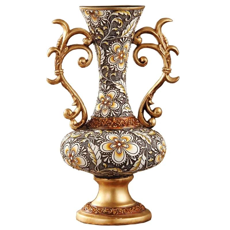 European High-end Home Ornament Retro Luxury Resin Decoration Ornament House Living Room Artificial Flowers Vase