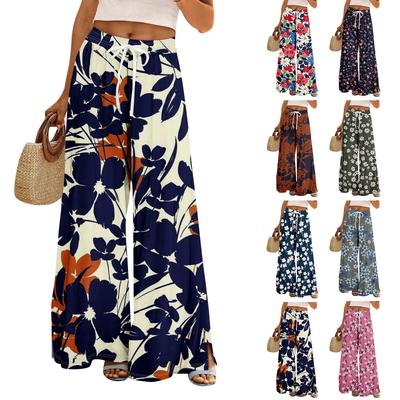 Women Summer Boho Palazzo Pants High Waist Wide Leg Rinting Casual Trousers With Pockets