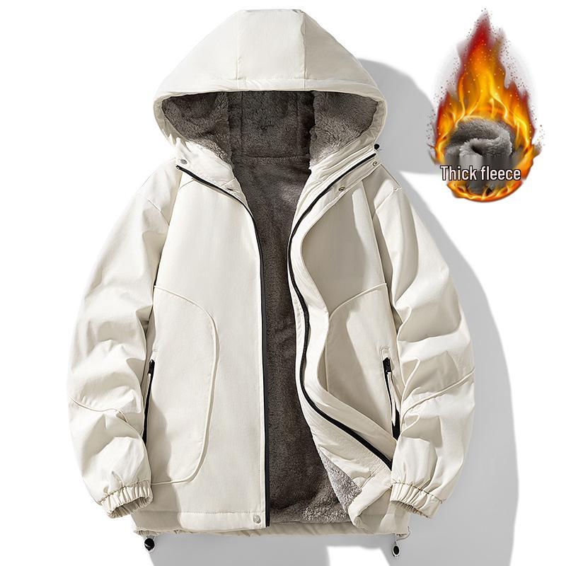 Men's Plus Velvet Thick Hooded Windbreaker - Large Size Warm Loose Workwear Jacket