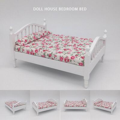 Dollhouse Miniature Bedroom Furniture Wooden Floral Double Bed For 1:12 Model