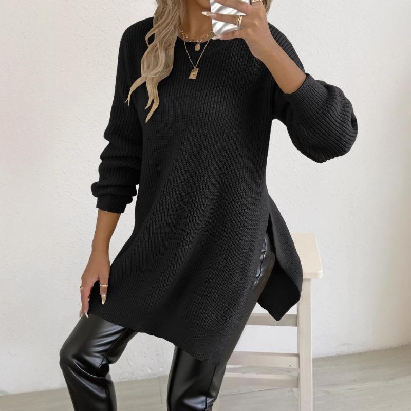 Autumn Winter New Tops Cross-border European and American Women's Round Neck Pullover Slit Woven Casual Sweater
