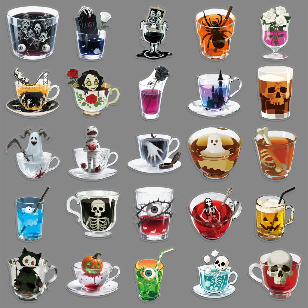 50 Transparent and Bizarre Teacup Stickers, Halloween Horror Ghost Skull Waterproof Decorative Stickers