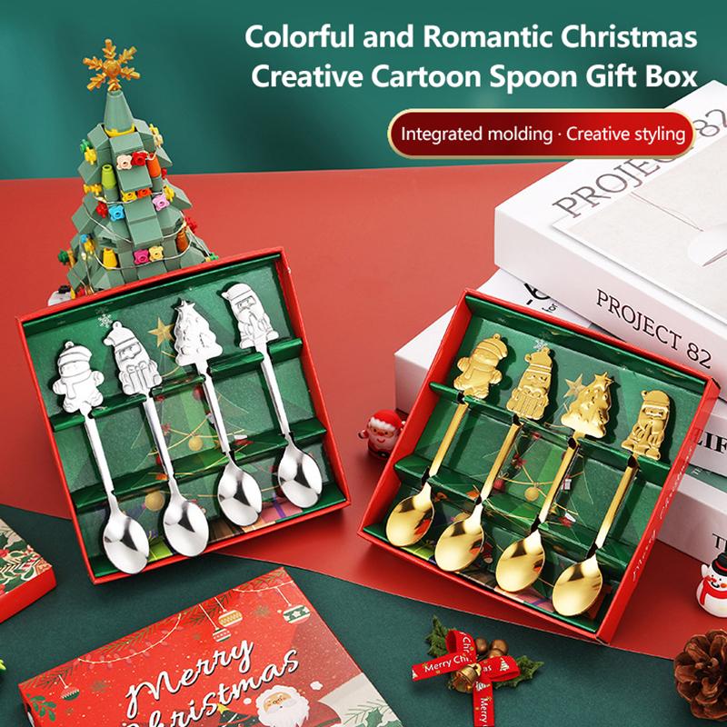 Durable Stainless Steel Christmas Spoon Set 4Pcs Adorable Snowman Santa Tree Handle Flatware for Daily Xmas Dining Use
