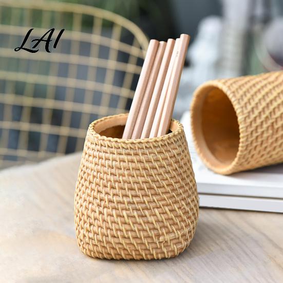 Resin Pen Holder Faux Rattan Holder Woven Style Makeup Brush Boho Desktop Organizer Multi-functional Pencil Cup for Home Office