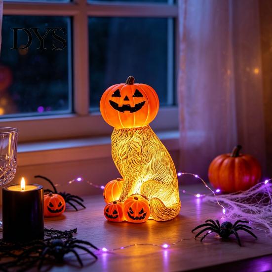 Collectibles for Home Office Lighted Pumpkin Cat Figurine, Spooky Halloween Tabletop Resin Sculpture, Gift Lovers Autumn Fall Ornament Indoor