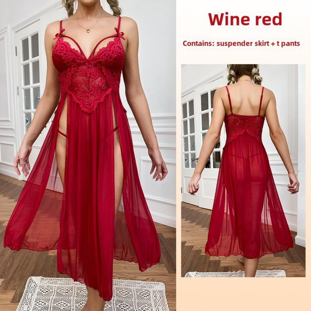 Large Size Sexy Mesh Deep V Lace Pajamas Side Split Suspender Skirt Extended Loungewear Nightdress