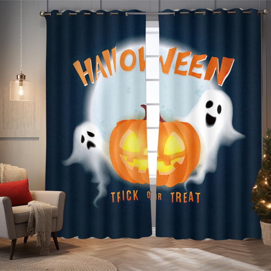 Halloween Themed Cute Ghost Pattern Printed Curtains Decorating Bedrooms Living Rooms Set Of 2 Made Polyester Area Decor