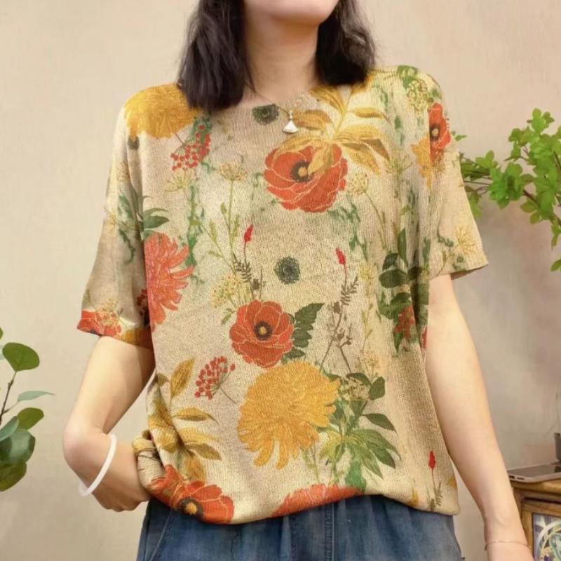 

Harajuku Ретро футболка с цветочным принтом женская летняя одежда винтажные вязаные свитера с круглым вырезом и половиной рукавов женские свободные пуловеры L