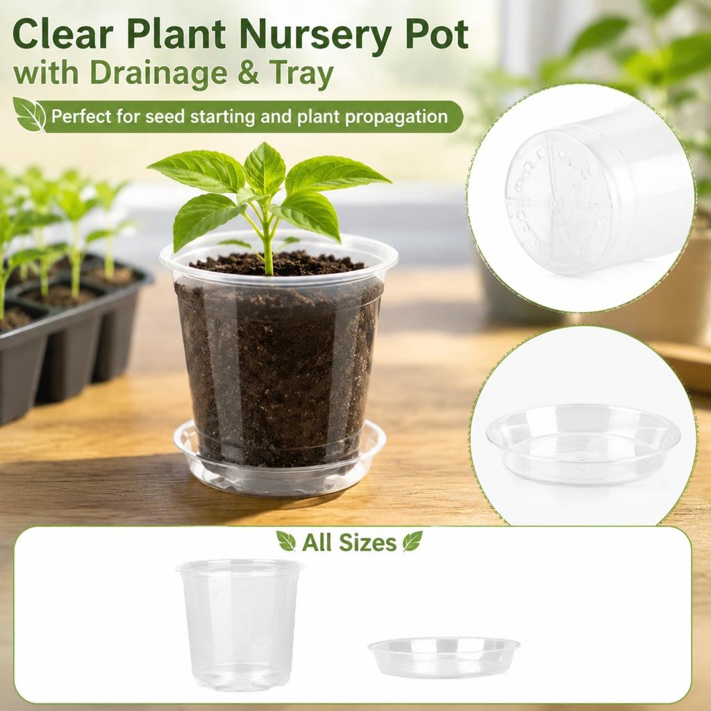 Clear Plastic Plant Pots with Drainage Holes and Saucers - 4, 5, 6, 7 Inch Sizes for Seed Starting and Propagation