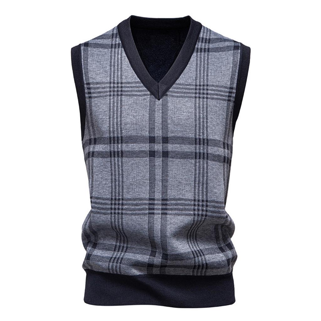 Men's Winter Fleece-Lined Plaid Vest, Pullover, Loose-Fitting Men's Sleeveless Sweater Vest