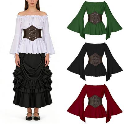 Damen viktorianisches Rüschen Piratenhemd im Bohemian-Stil mit Gürtel