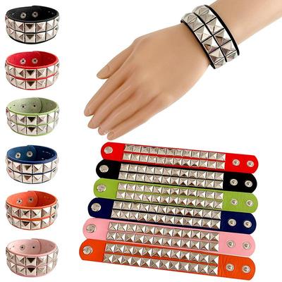 Punk Leather Double Row Rivet Square Bracelet for Couples