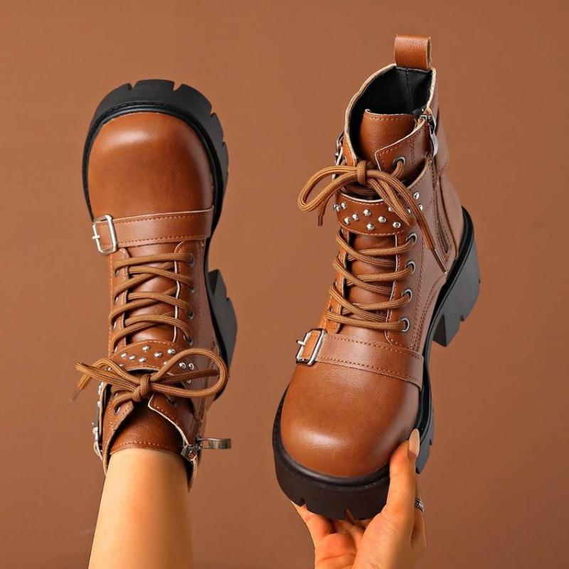New Style Shoes: Knight Boots, Square-toed Short-leg Lace-up Boots, Women's Thick-heeled, Large-sized, and Thick-soled Leather Boots
