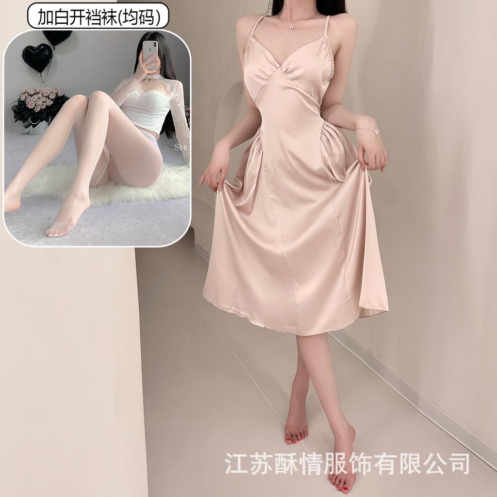 Crispy sexy suspender long hollow backless strap solid color low neck temptation casual nightdress home set