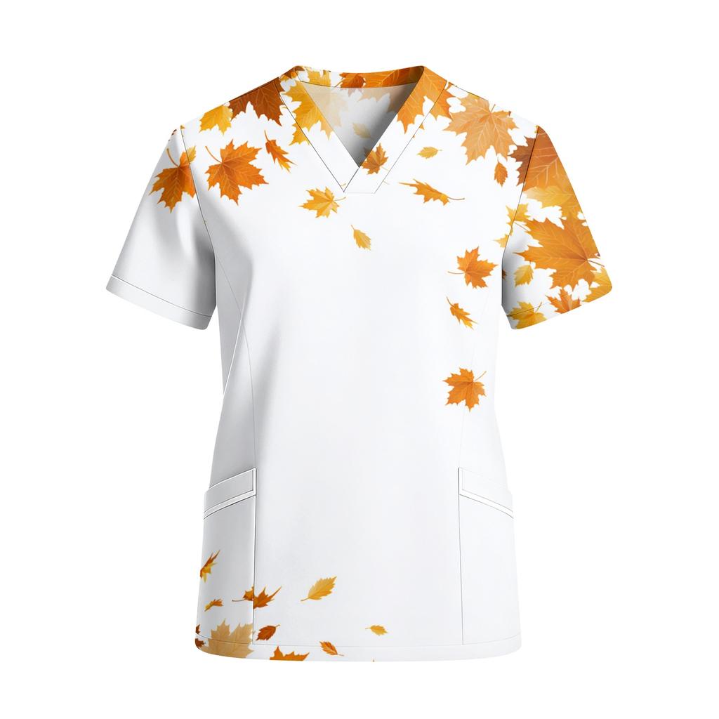 Women's V-Neck Short Sleeve Work Shirt with Pockets and Leaf Print
