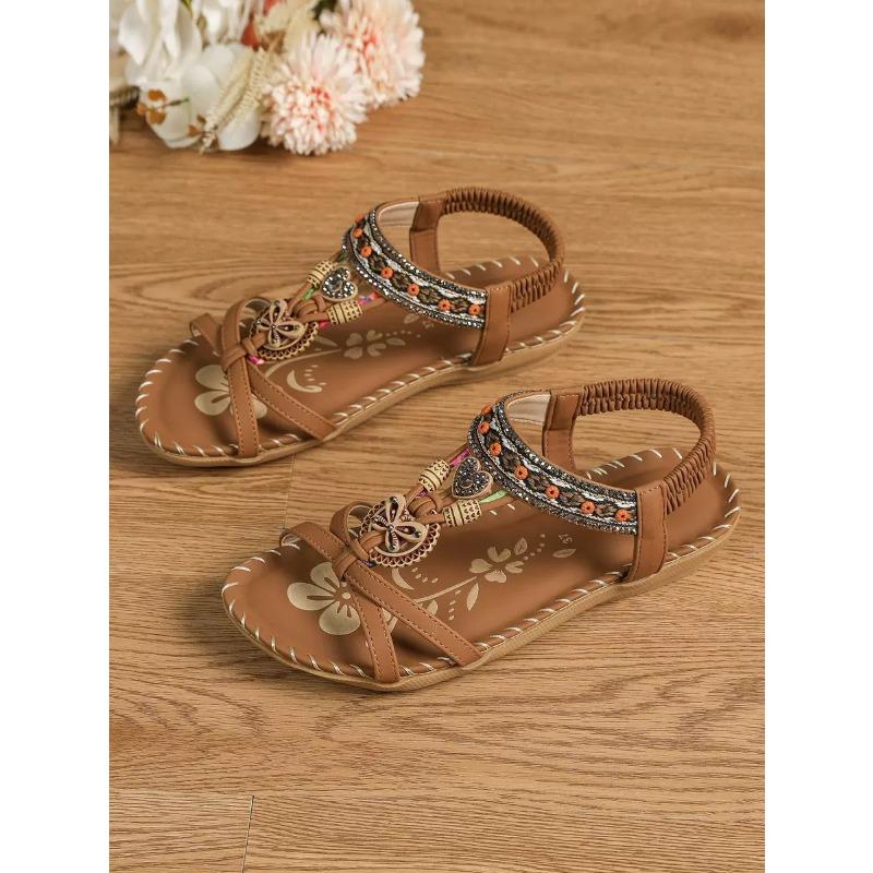

New women s shoes flat-soled handmade wooden buckle bow rhinestone flat-soled sandals 45