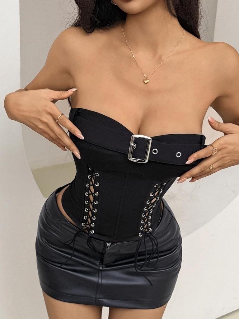 Sexy Cross-Strap Corset Bustier with Lace-Up Belt and Buckle
