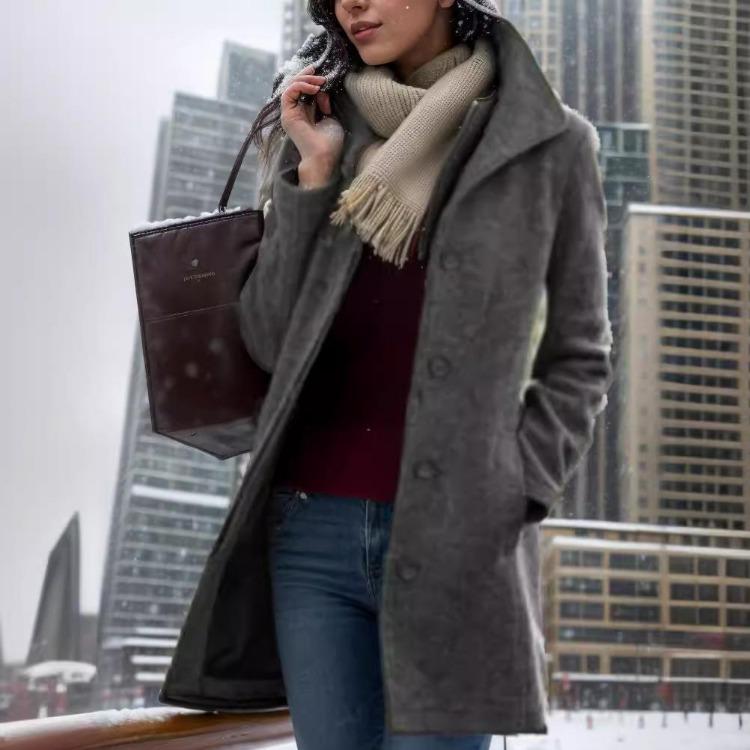 Casaco de Lã Feminino Outono Inverno Retrô Slim Fit Longo Trench Coat