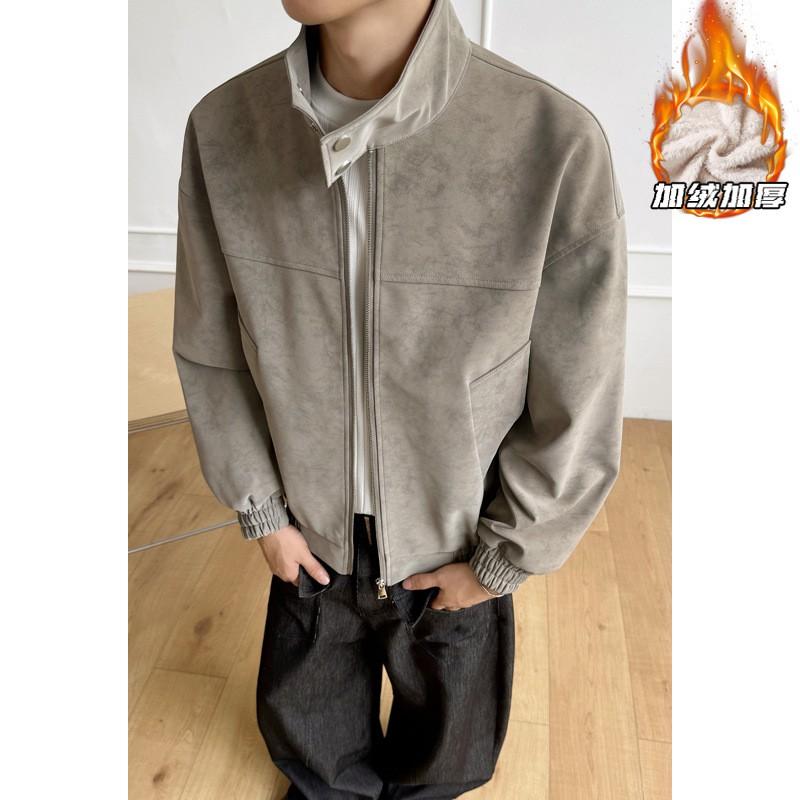 Mens Gray Tie-Dye PU Leather Jacket Stand Collar Zip Up Loose Fit Casual Fall Coat
