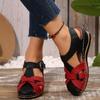 Women's Summer Platform Sandals with Adjustable Hook-and-Loop Thick Cushioned Sole & Red Straps - Black Casual Shoes for Casual Attire Comfortab