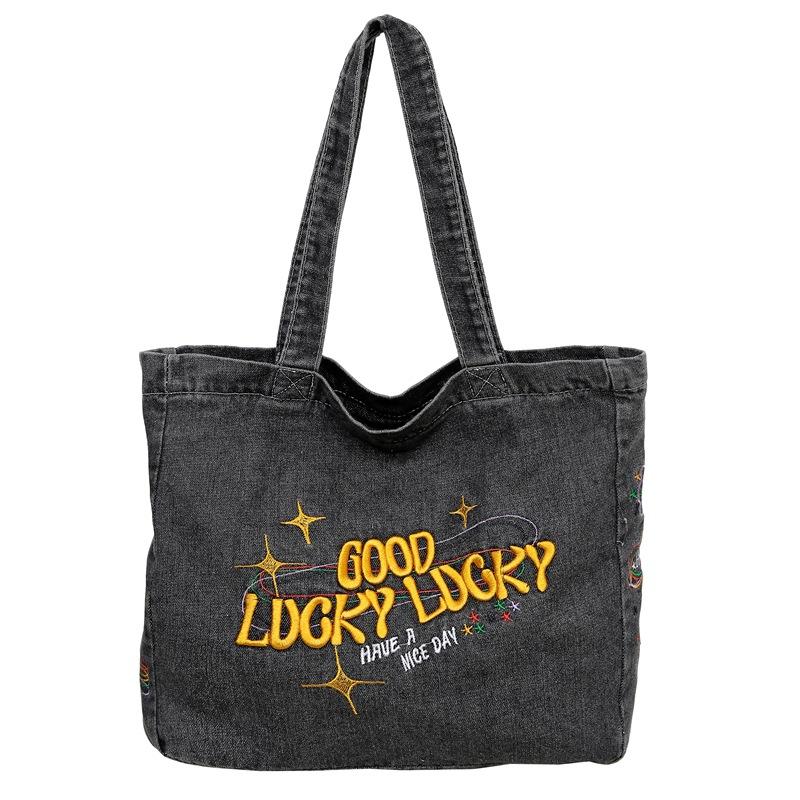 Denim Bag Women's Embroidered Alphabet Harbor Style Commute Shoulder Tote Bag Art Student Class Book Bag