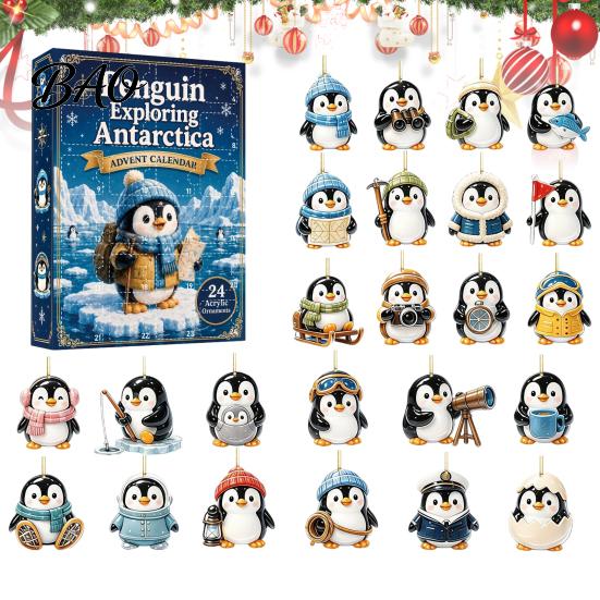 Countdown to Christmas Antarctic Penguin Advent Calendar, 24-Day Winter Box with Cute Festive Home Ornament Explorer Ornaments, 2D Acrylic Hanging