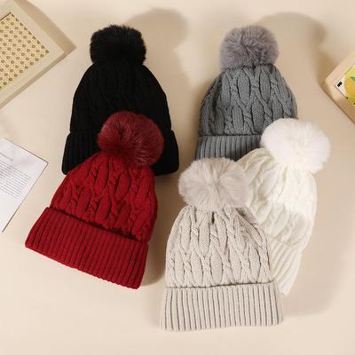 Moteriška lauko storai megzta žakardinė kepurė su aksominiu vilnoniu bumbulu, apsauga nuo ausų