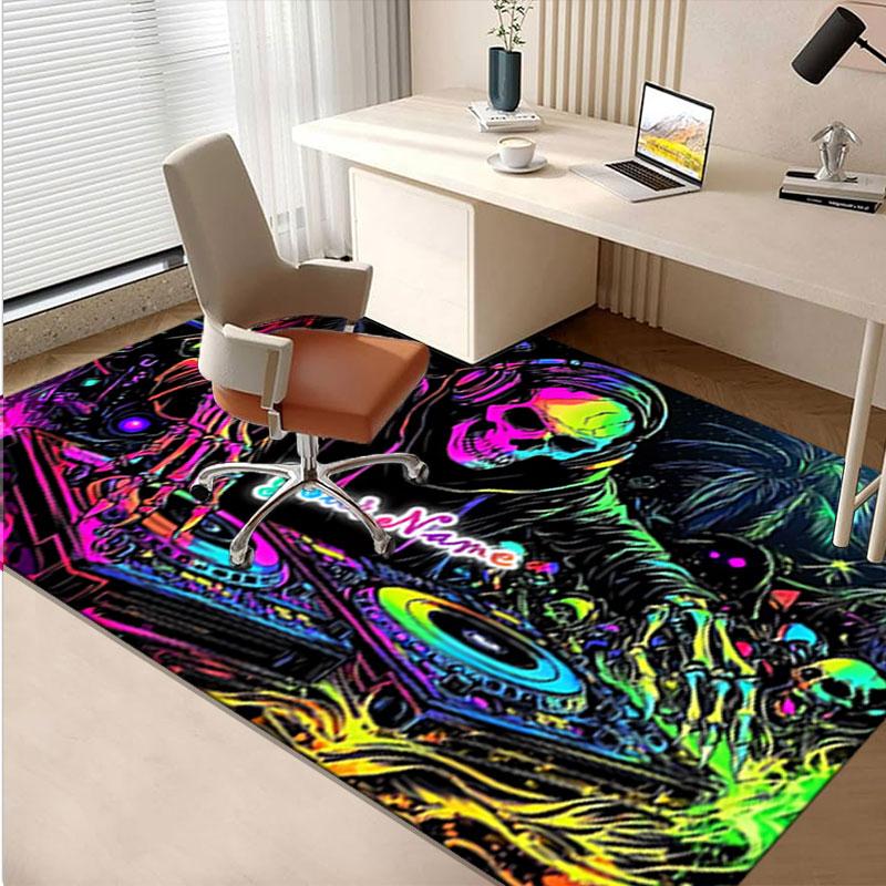 1PC Custom Name "Neon Skull DJ Party" Theme Floor Mat Ideal for Living Room, Game Rooms, Office, Bedroom,Floor Mat Playful Design