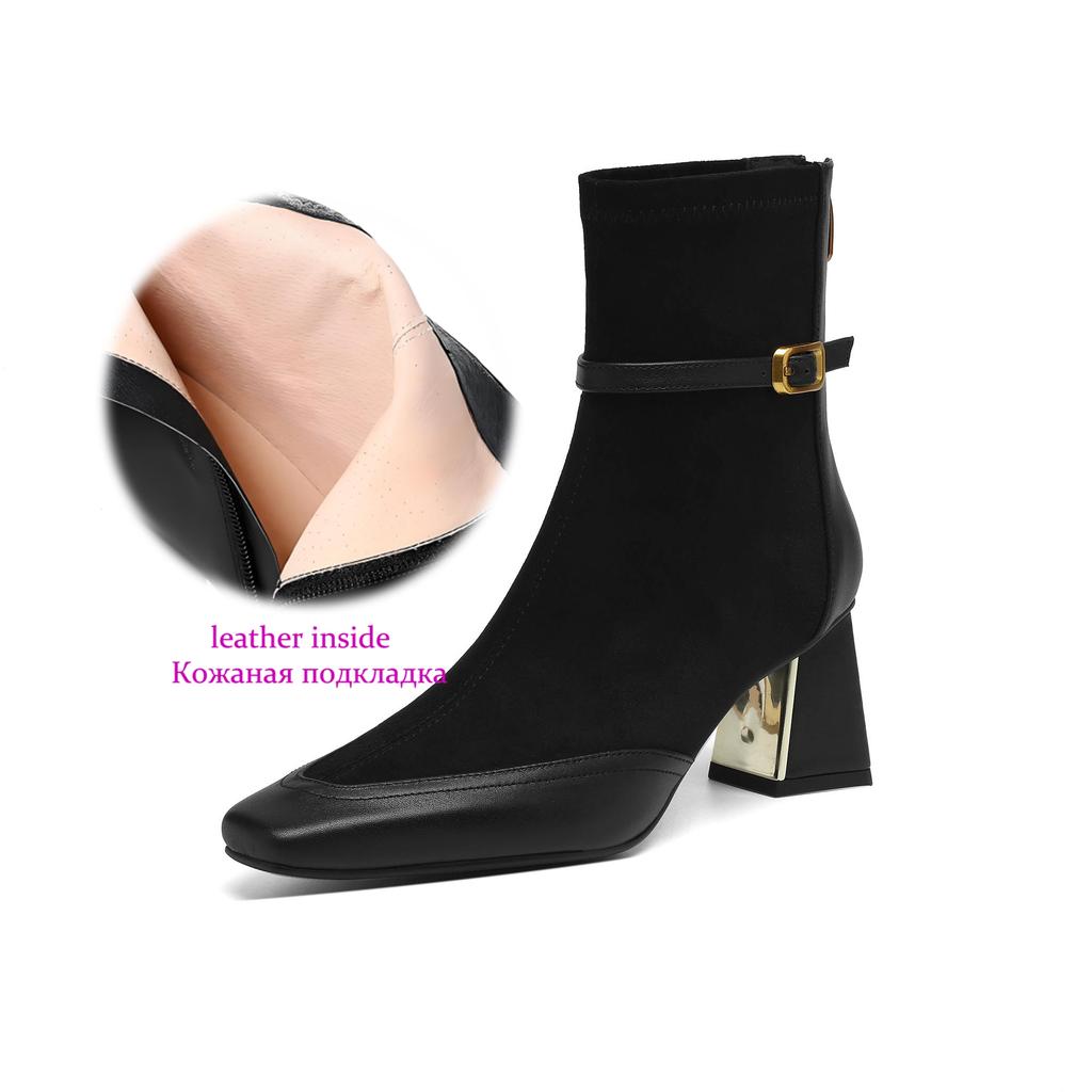 Krazing Pot Flock Cow Skin Square Toe Thick Heels Chelsea Boots Size 42 Beauty Lady Women Modern Fashion Girl Ankle Boots