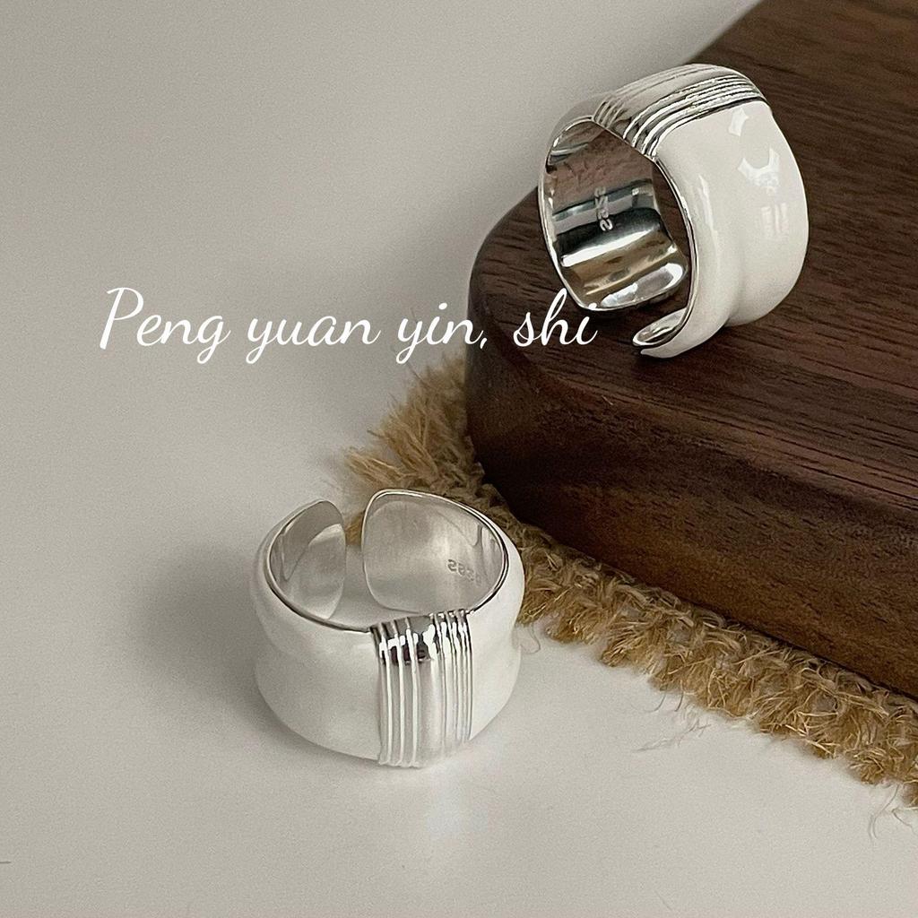 Su Chuang S925 Sterling Silver White Enamel Wide Band Ring - French Light Luxury Retro Design