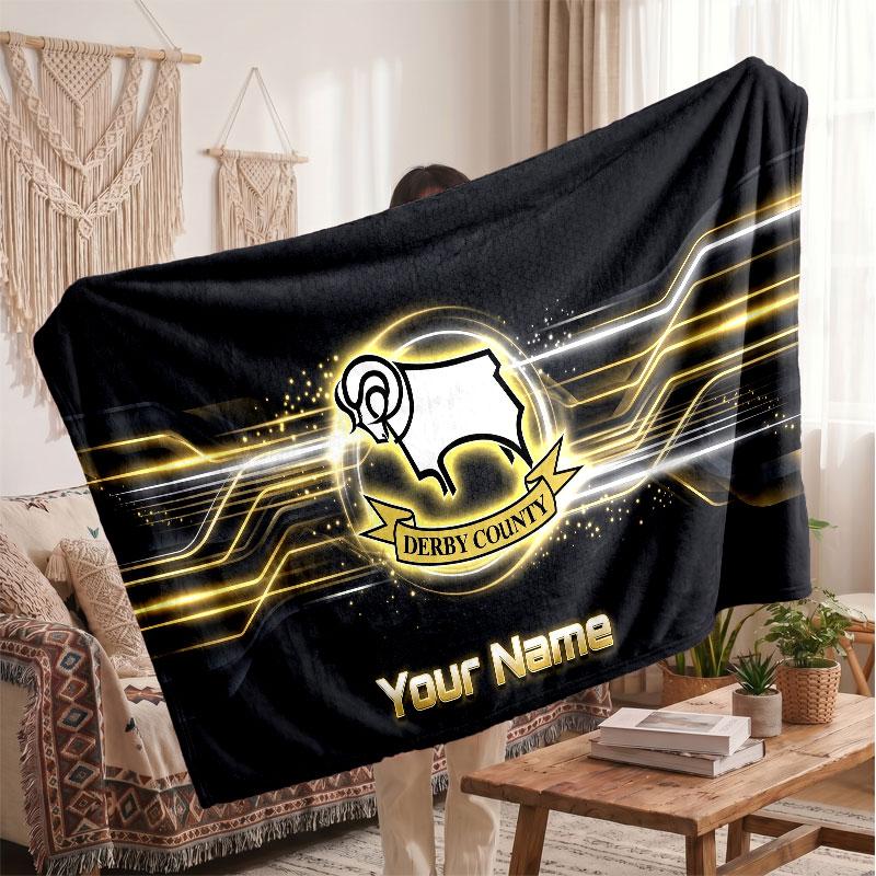 Derby County Personalized Fleece Blanket With Football Logo, Custom Name Text Soft Warm Home Throw Blanket