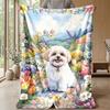 Dog and Flower Pattern Theme Blanket Lightweight Warm Flannel Blanket Decorative Throw Blanket for Home Decoration