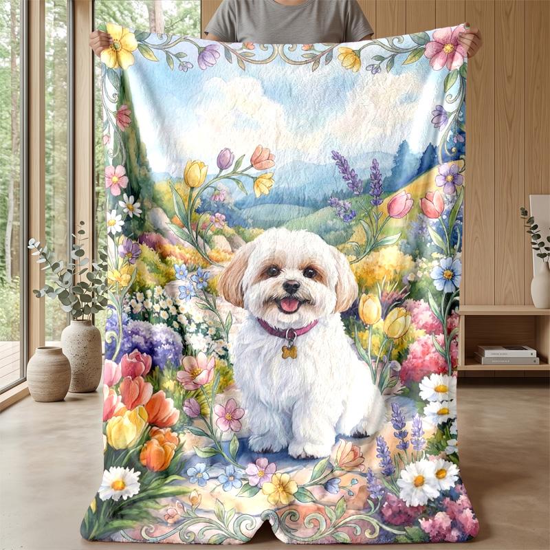 Dog and Flower Pattern Theme Blanket Lightweight Warm Flannel Blanket Decorative Throw Blanket for Home Decoration